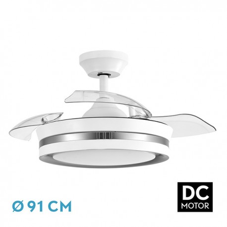 Ventilador de techo VIPER blanco/plata con aspas plegables , motor DC silencioso y LED regulable (3000K-6000K). Incluye mando con memoria y temporizador .